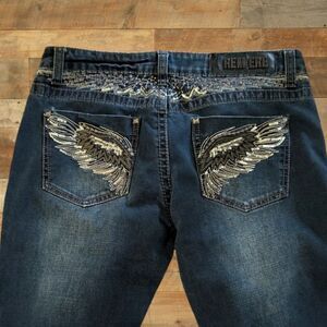 Y2K Premiere Angel Wings Grunge Medium Wash Bling Studded Mid-Rise Skinny 7/8